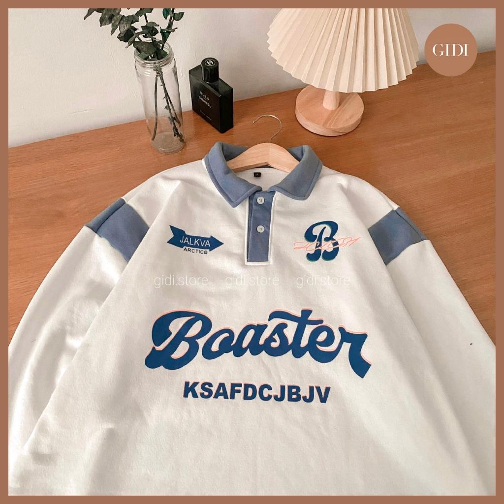 Áo Sweater Boaster cổ POLO Nam Nữ Unisex in chữ màu xám xanh/ trắng/ xám/ choco/ tan vải nỉ lót bông form rộng OVERSIZE