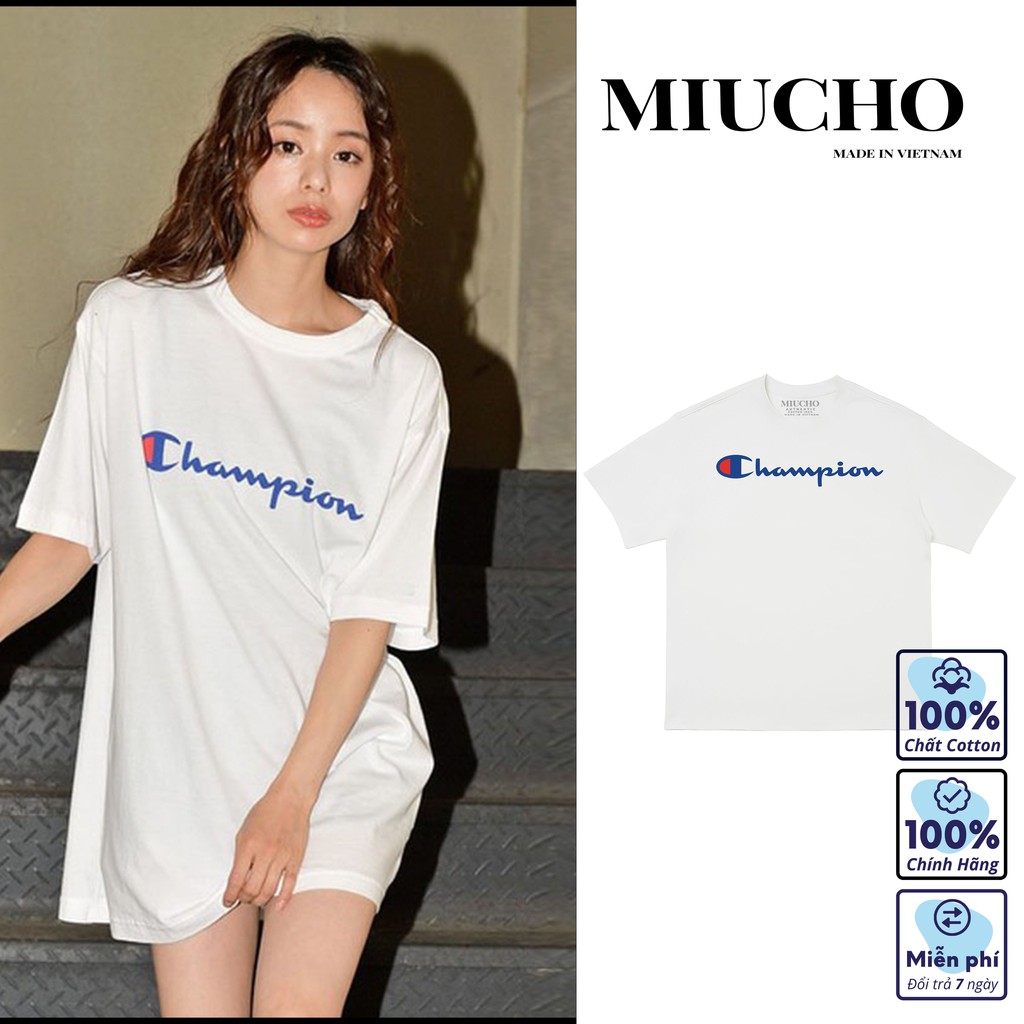 Áo phông chamipon nữ form rộng tay lỡ unisex, áo thun chamipon nữ form rộng tay lỡ unisex cotton AT082 Miucho in logo