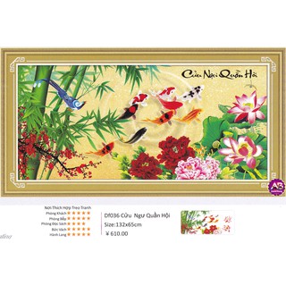 Tranh đính đá Cửu Ngư Quần Hội. Kích thước: 132*65cm
