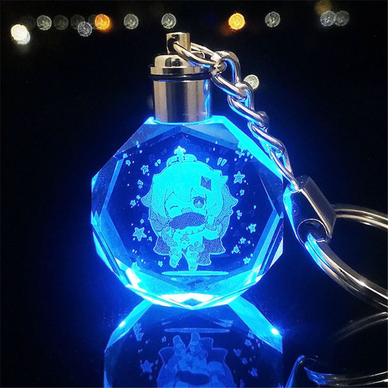 Mặt dây chuyền móc khóa pha lê LED đầy màu sắc họa tiết Genshin Impact Wendy Klee Keqing Qiqi 3 cm