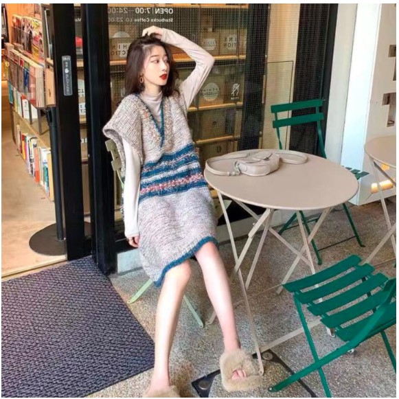 Áo gile len nữ dáng rộng dài thân phong cách Hàn Quốc