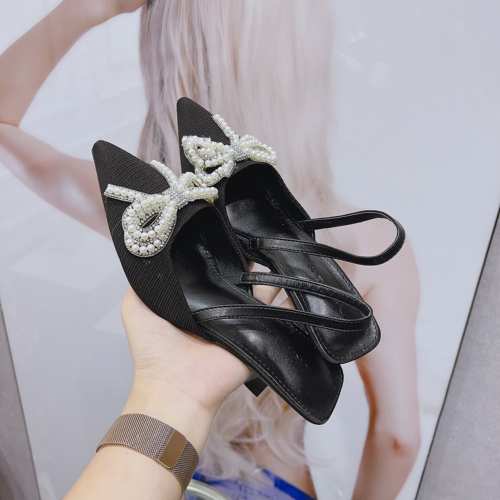 Giày cao gót bít mũi Chị Đẹp Store, Sandal cao gót nữ 3 phân NƠ NGỌC mã CD34