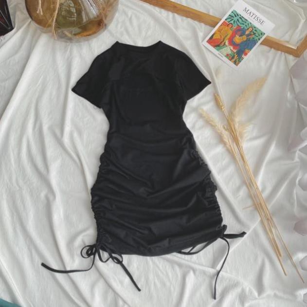Đầm sexy|Váy body xẻ ngực có dây rút hông chất cotton tàu dáng ngắn sexy quyến rũ
