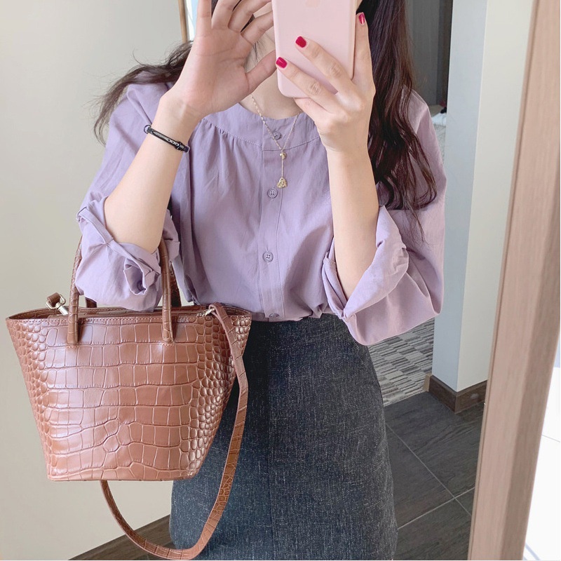 Áo Sơ Mi Tay Dài Cổ Tròn Phong Cách Hàn Quốc Thanh Lịch Dành Cho Nữ