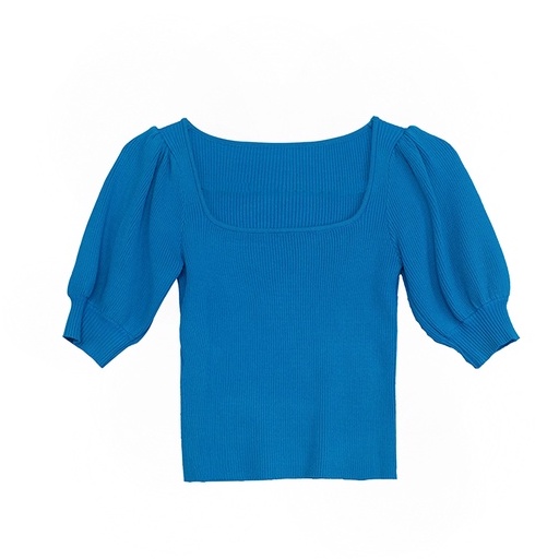 Áo thun bằng vải dệt kim tay ngắn phồng cổ vuông màu sắc cổ điển thời trang mùa hè cho nữ