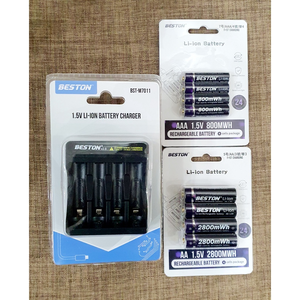 Pin Sạc Beston Li-ion 1.5V AA , AAA  và Bộ Sạc Beston Tự Ngắt Có Đèn Báo Khi Đầy