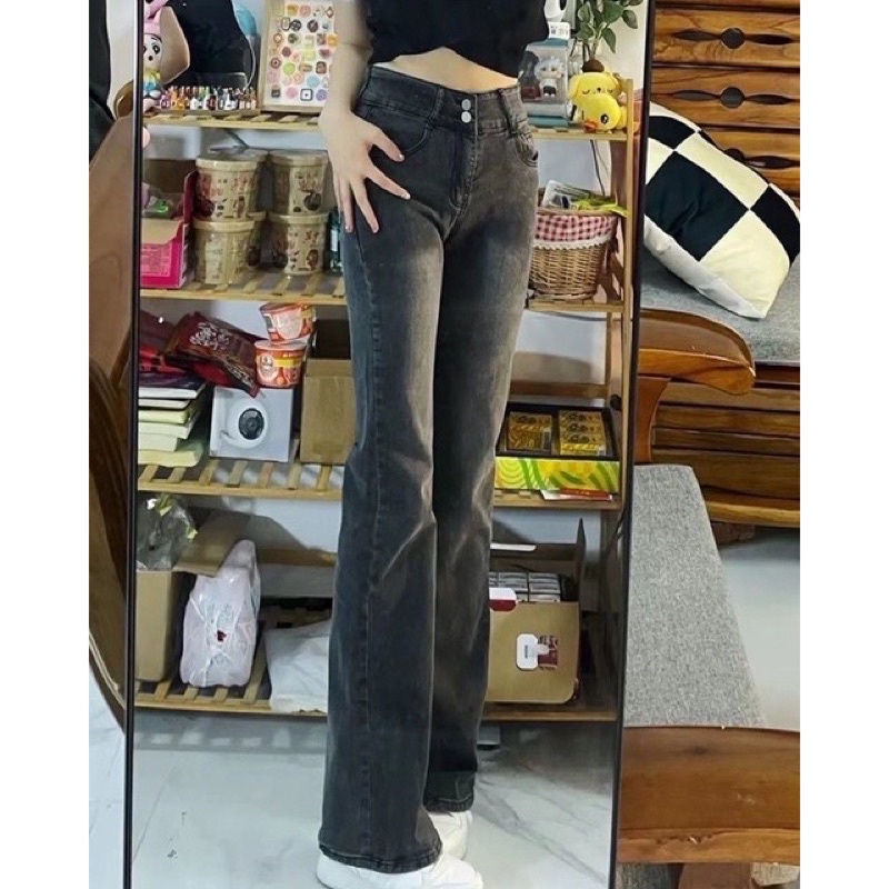 Quần jean Đen nhạt ống đứng loe nhẹ cạp cao có size đại mẫu mới 2022 hàng order chuẩn Taobao