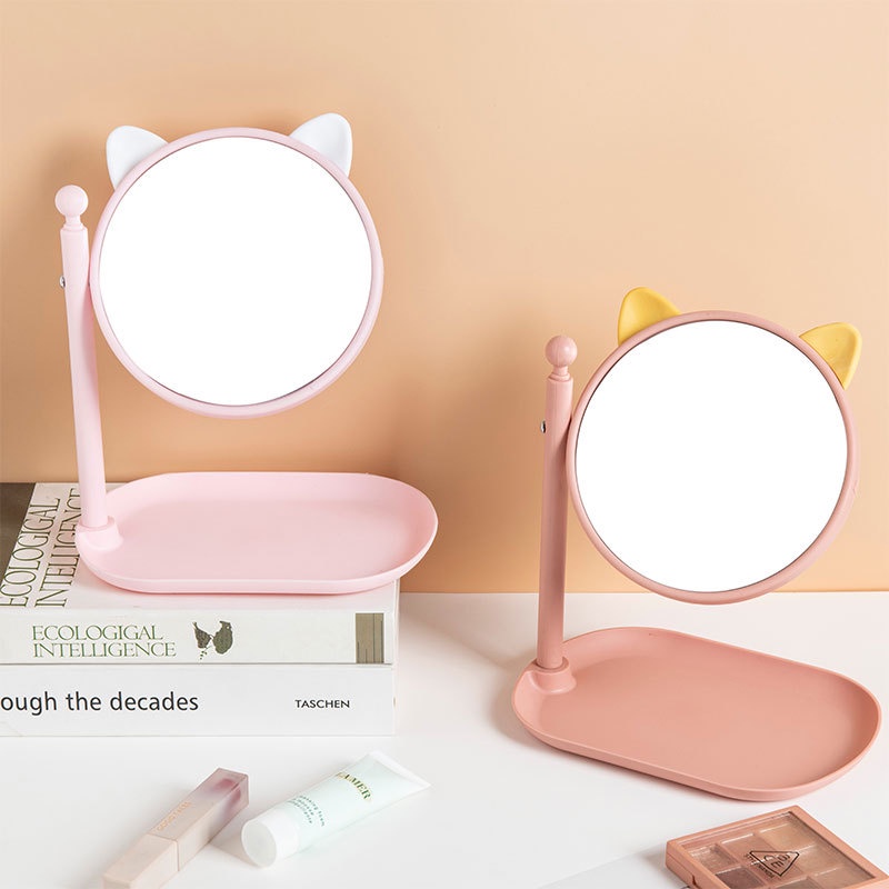Gương trang điểm để bàn tai mèo xoay 360 độ có khay để trang sức đáng yêu