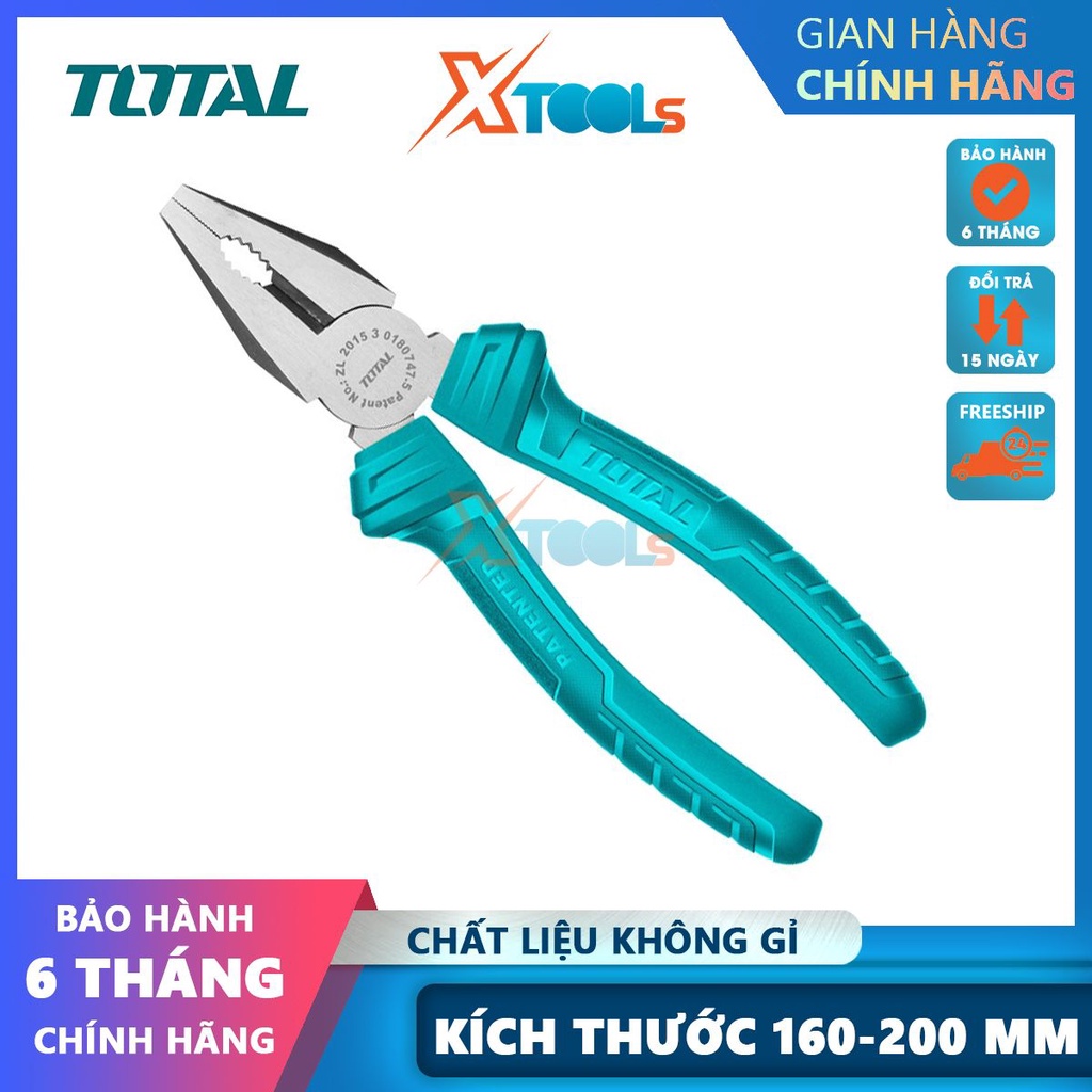 Kìm răng 160mm-180mm TOTAL, đầu kềm đánh bóng và chống rỉ, cán cầm bằng nhựa chống trơn trượt, bộ kềm -CHÍNH HÃNG-XTOOLS
