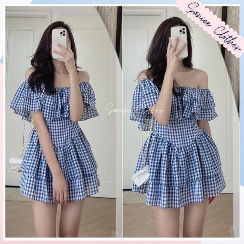 Váy nữ trễ vai bèo kẻ caro xếp tầng đầm nữ tiểu thư bánh bèo sang chảnh ulzzang hàn quốc Sanniee Clothes