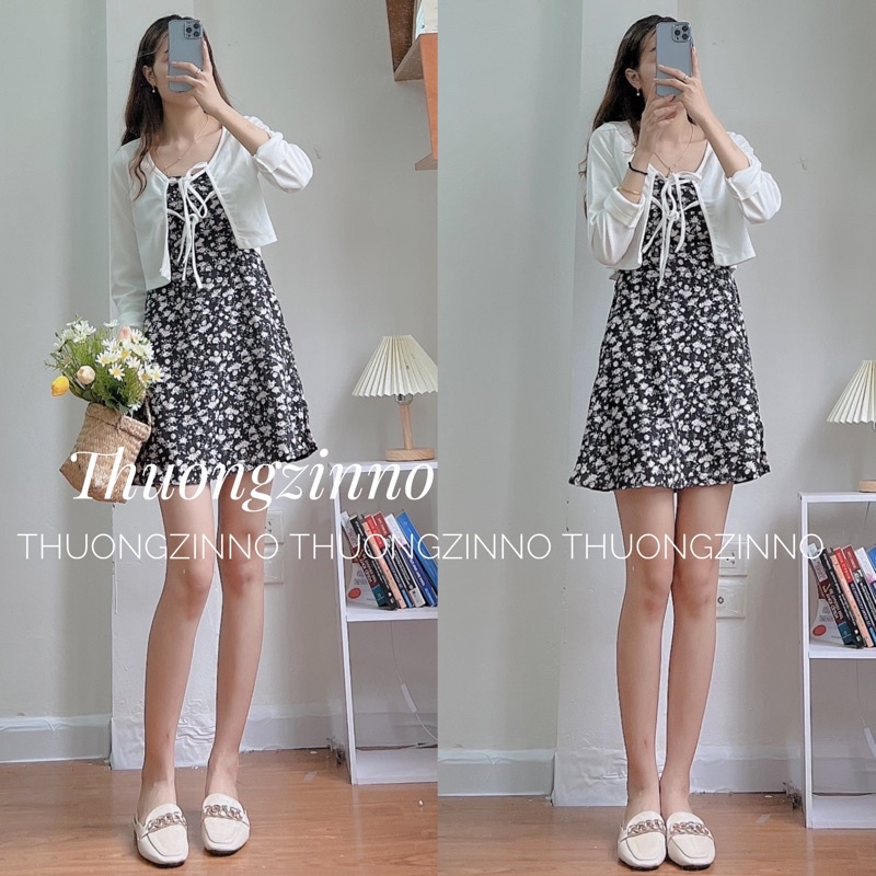 [HÀNG HAI LỚP] Váy hai dây hoa nhí nền đen xinh mix cadigan chất mát mềm mịn Set váy tiểu thư