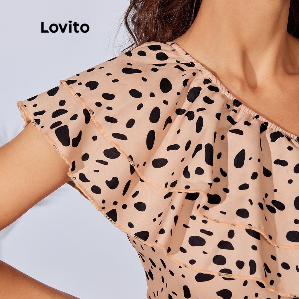 Áo kiểu Lovito hở vai xếp tầng họa tiết da báo phong cách ngày thường L29LD008 (màu nâu)