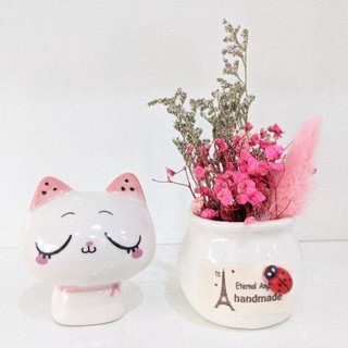[Ko kèm mèo sứ] Mô hình bình hoa khô Gypsophila mini trang trí bàn làm việc, tủ sách, taplo ô tô