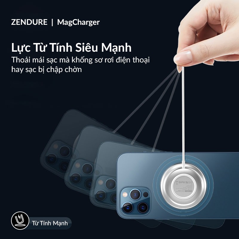 Đế Sạc MagSafe Zendure Wireless MagCharger Chuẩn Sạc Không Dây Qi, Sạc Nhanh 10W, Không Nóng, Đèn Báo Sạc, Chống Gãy Cáp