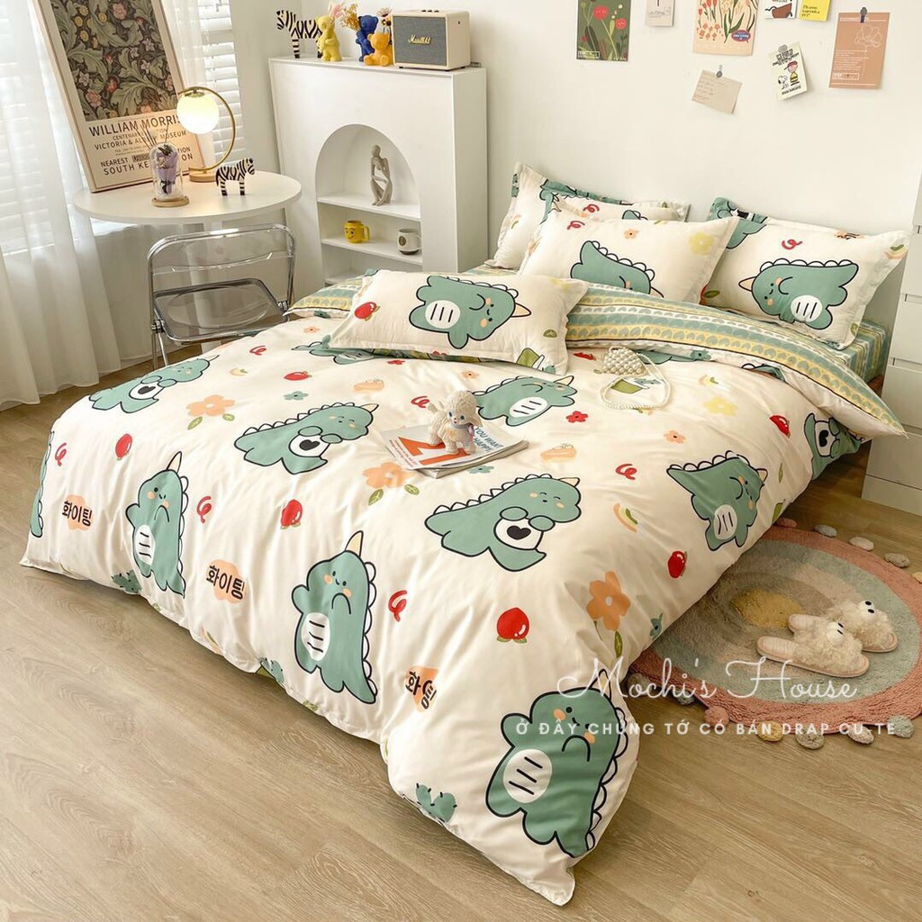 BỘ CHĂN GA GỐI POLY COTTON HỌA TIẾT KHỦNG LONG CÀ CHUA CỰC XINH, DRAP GIƯỜNG ĐẸP MOCHI HOUSE