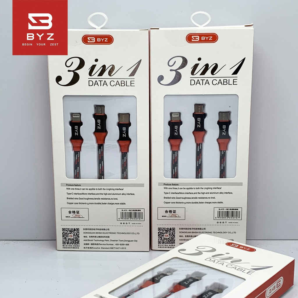 Cáp Sạc Nhanh Đa Năng 3 Đầu Sạc - Bọc Dù Chống Đứt, Chống Gập, Cho Iphone, Samsung... - Bảo Hành Chính Hãng BYZ 1 Đổi 1