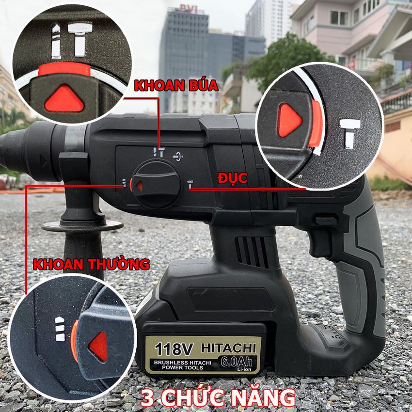 KHOAN PIN BÊ TÔNG HITACHI 118V KHÔNG CHỔI THAN, LÕI ĐỒNG 100%, 3 CHỨC NĂNG KHOAN.