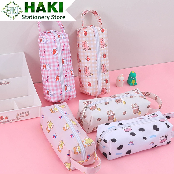 Túi đựng bút vải canvas HAKI sức chứa lớn in họa tiết hoạt hình đáng yêu tiện lợi TB05
