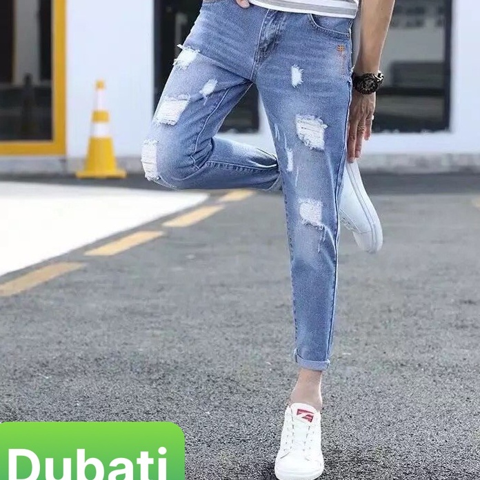 QUẦN JEAN NAM XANH CHẤT BÒ RÁCH GỐI CÁ TÍNH CAO CẤP- DB 1900- DUBATI FASHION