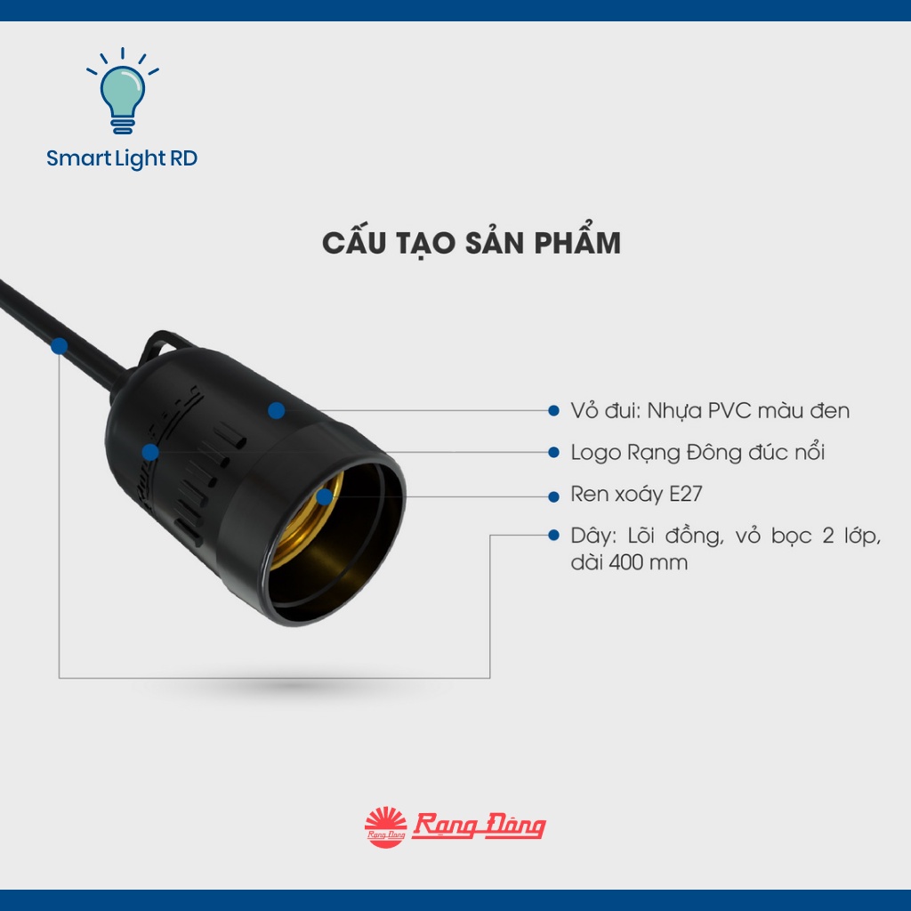Đui đèn chống thấm nước Rạng Đông 40cm, Model: E27 IP65