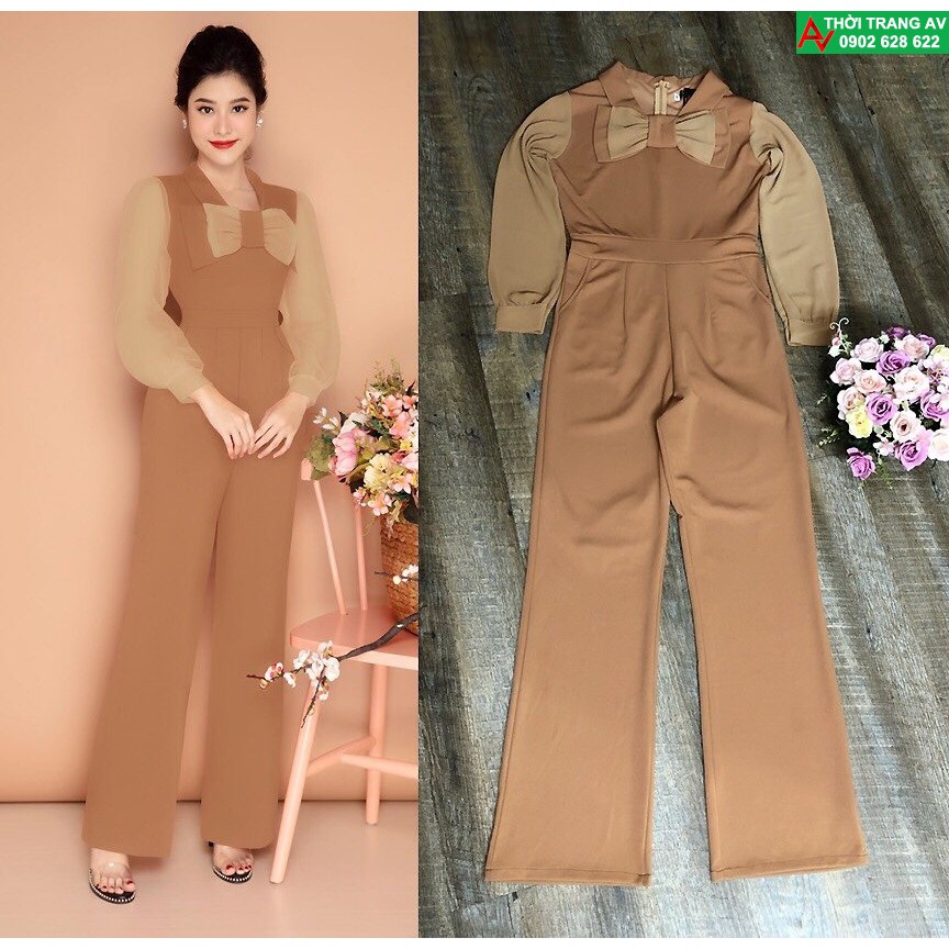 Jumpsuit - Đồ bay dài ống suông cổ đính nơ tay dài xinh xắn - AV6252