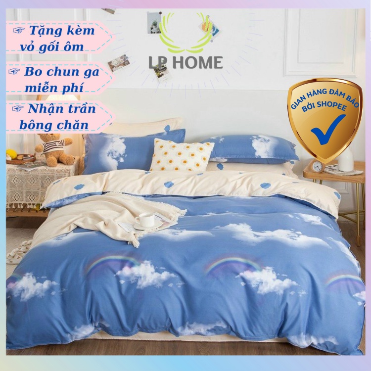 Bộ chăn ga gối Poly Mây xanh cầu vồng xả stress (Tặng vỏ gối ôm) - Miễn phí bo chun