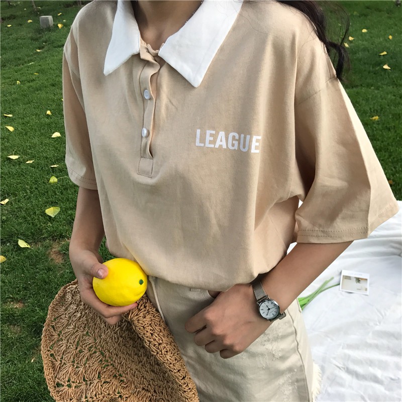 Áo thun polo tay lỡ có cổ áo ulzzang