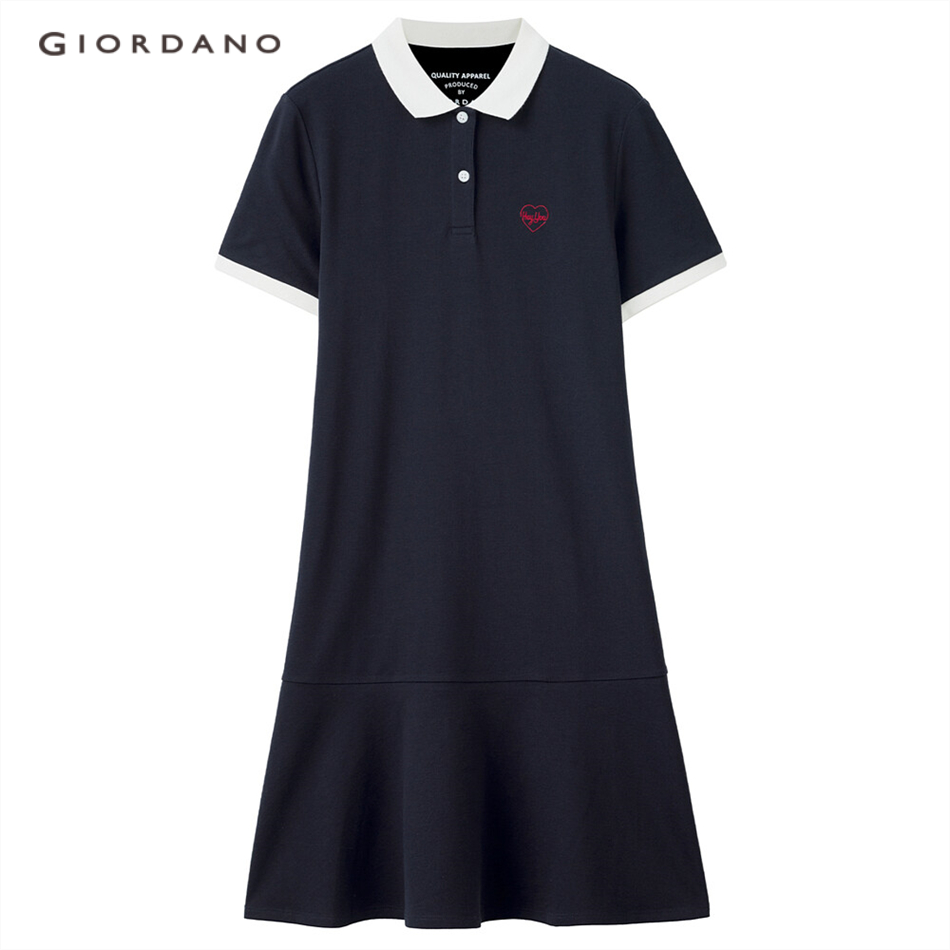 Đầm GIORDANO 05461487 cổ polo thêu hình hoa sen thời trang cho nữ 