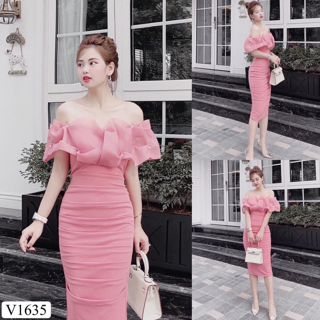 Váy thiết kế trễ vai tay bồng dáng ôm đi tiệc tiểu thư | BigBuy360 - bigbuy360.vn