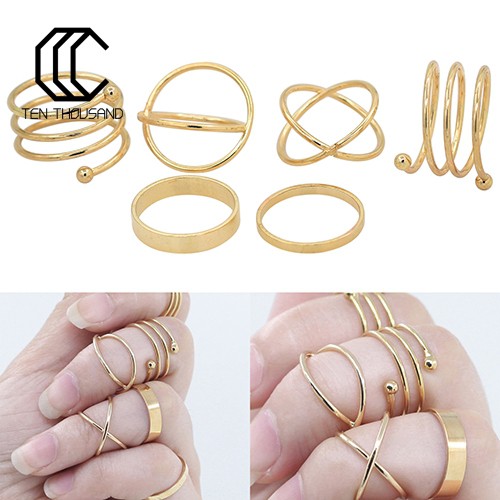 Set 6 nhẫn đeo đốt ngón tay tông màu vàng ánh kim đơn giản dành cho nữ