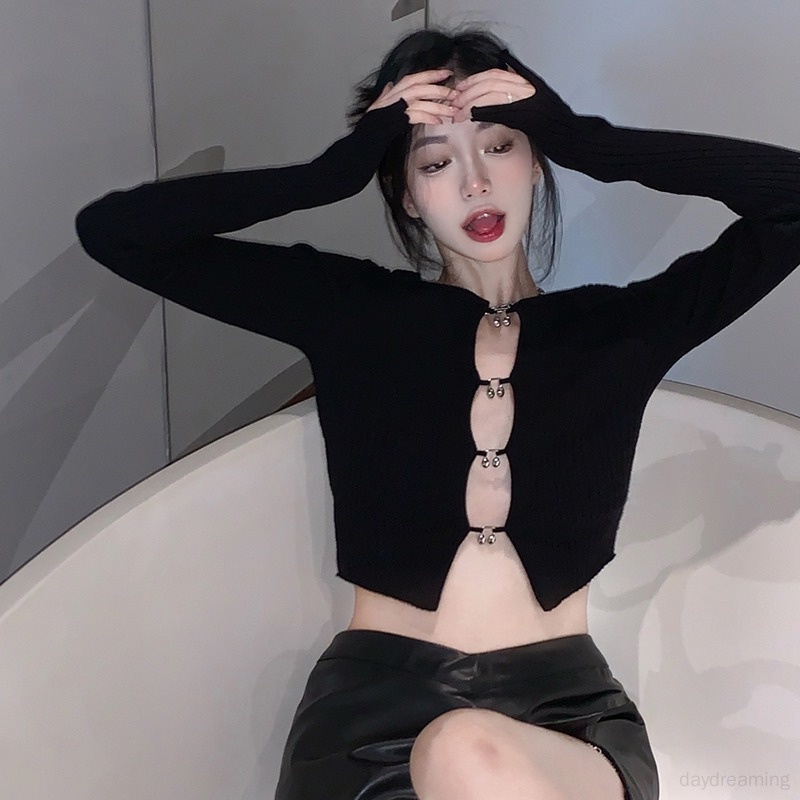 Áo Croptop Dệt Kim Tay Dài Màu Sắc Thanh Lịch