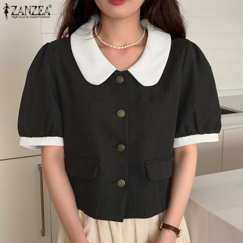 Áo sơ mi ZANZEA tay ngắn phồng cổ bẻ thời trang Hàn Quốc dành cho nữ
