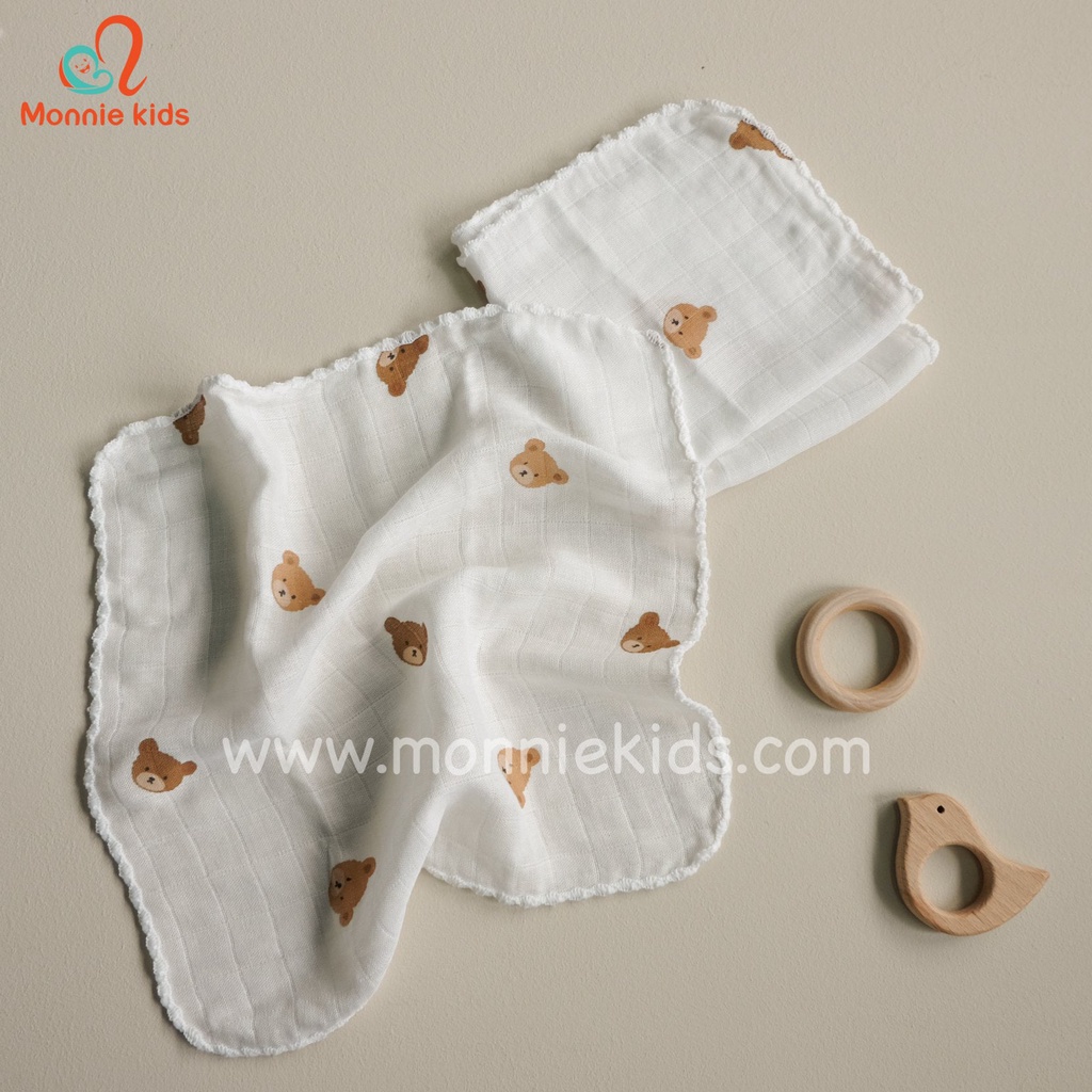 SET 6 KHĂN SỮA VẢI XÔ SỢI TRE ORGANIC MOCHEE HỌA TIẾT GẤU NÂU KÍCH THƯỚC 30X30CM