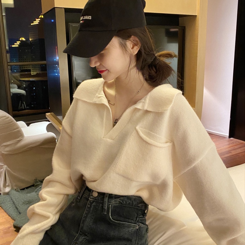 Áo sweater IELGY dáng rộng tròng đầu cổ lật chữ V tay dài thời trang Hàn Quốc