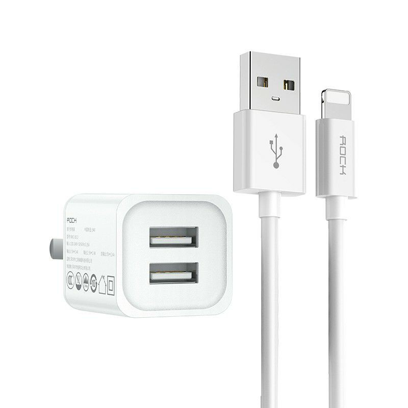 Bộ sạc nhanh Củ + cáp Rock t23 2 chổng USB 2.4A + cáp sạc lighnting iphone Chính hãng dài 150cm siêu bền