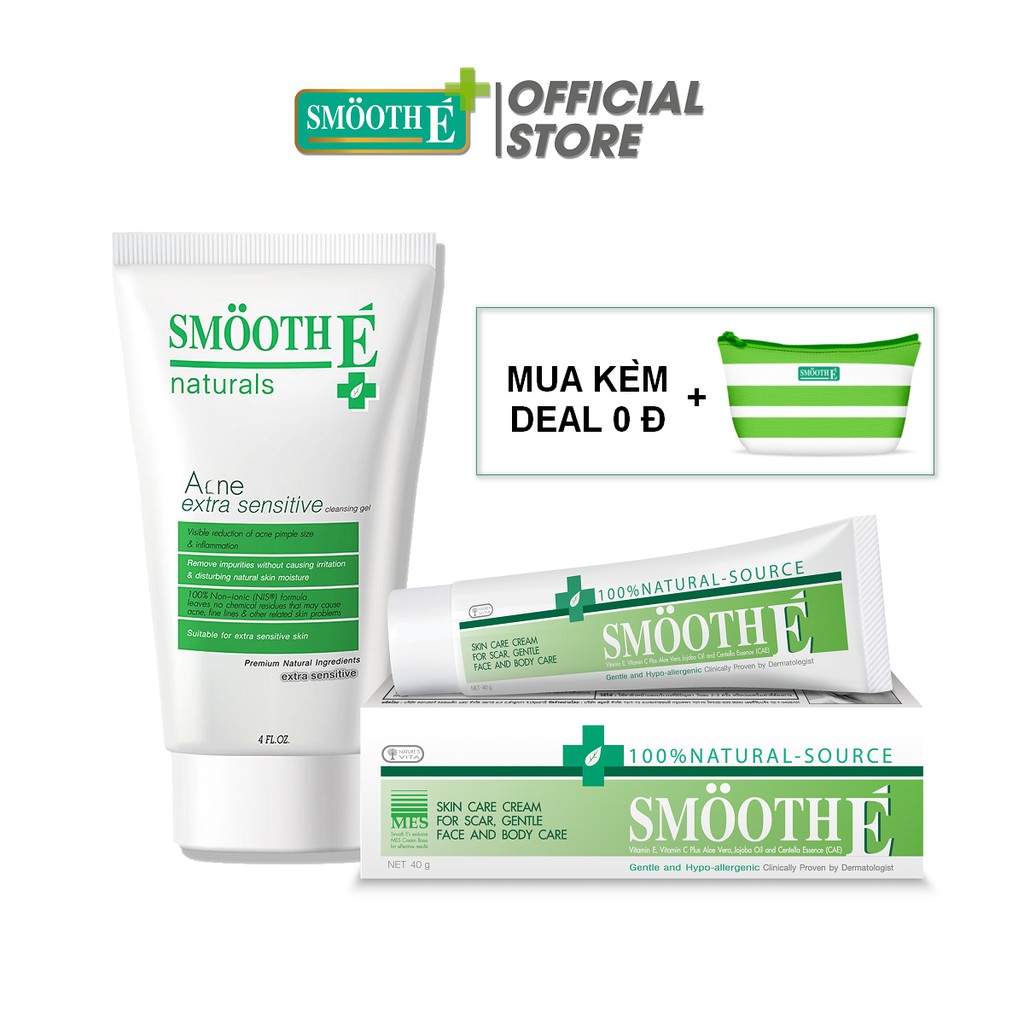 Smooth E VN - Bộ đôi sạch mụn Acne Extra Sensitive Cleansing Gel 120ml và kem dưỡng mờ thâm Cream Natural Source 40g