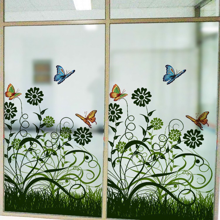 Decal dán kính cao cấp - Cỏ Hoa Xanh Lá và Bướm ( 60x116 )