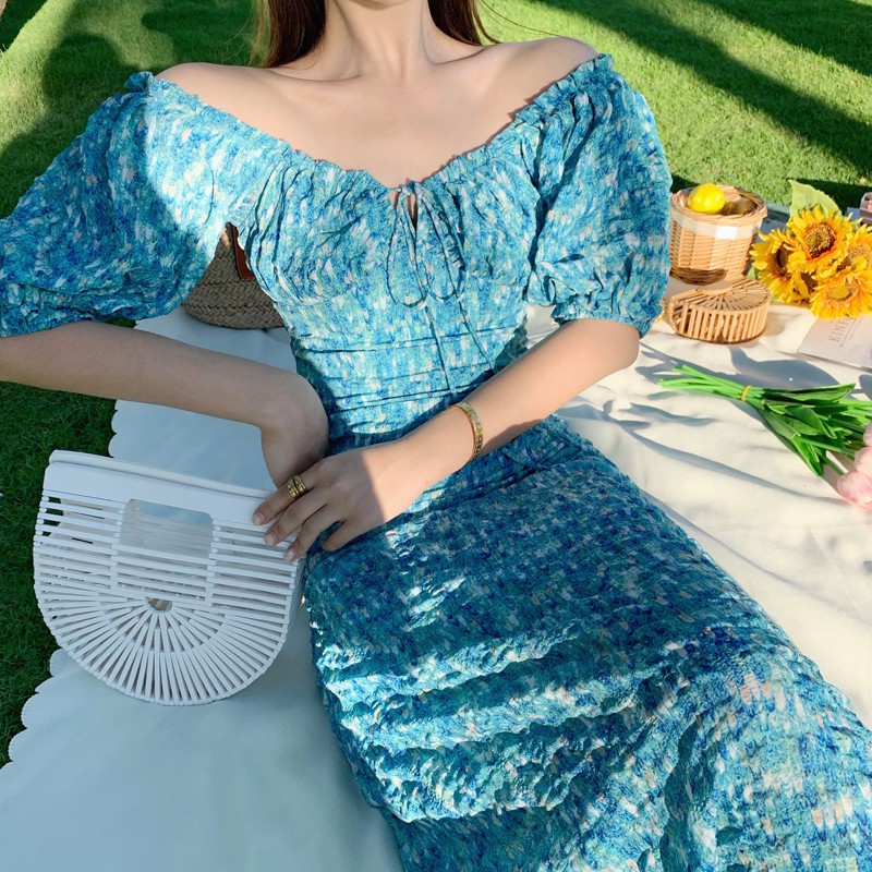 Đầm dài trễ vai hoa xanh cực xinh - Hàng Quảng Châu cao cấp - Ngân Dali | BigBuy360 - bigbuy360.vn