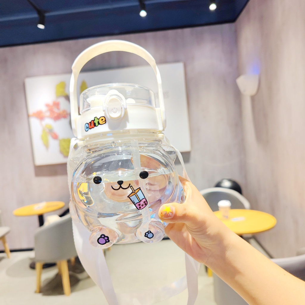 Bình nước cute dể thương có ống hút 1000ml cho bé đi học tặng kèm sticker dán