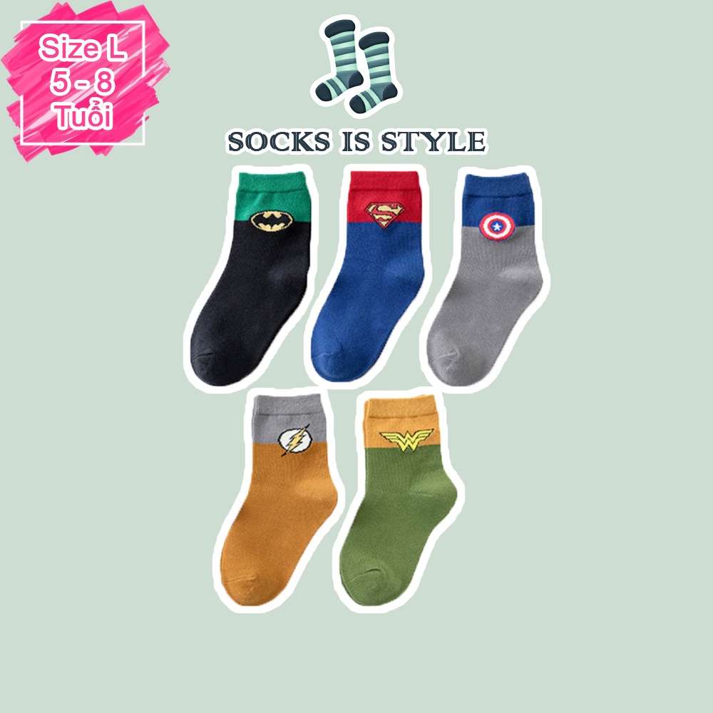 Set 5 Đôi Tất Vớ Bé Trai Cổ Cao Siêu Thoáng Họa Tiết Siêu Anh Hùng Captain Năng Động Hoạt Bát