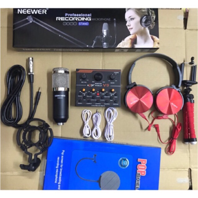 [Freeship toàn quốc từ 50k] Combo sound v9 quốc tế Mic Woaichang BM900 tặng tai nghe chụp tai