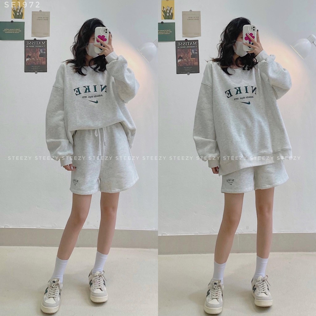 [SE1972] Set đồ bộ swe nỉ bông dày kèm quần short in N I K E tích form rộng (Có sẵn/Ảnh thật)
