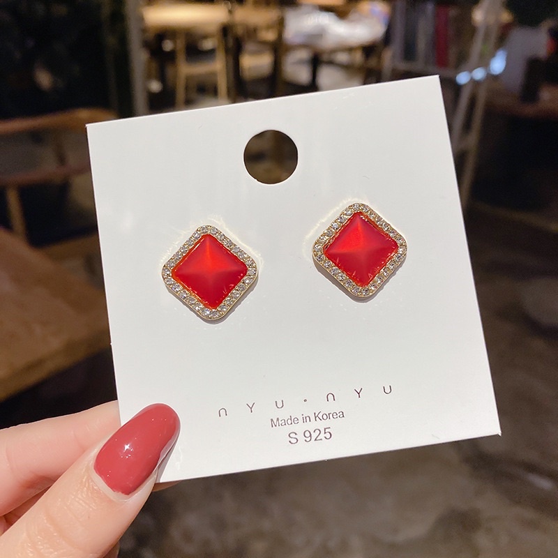 bông tai châu vuông tiểu thư chui bạc 925, khuyên tai đính đá phong cách hàn quốc