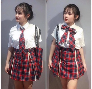 Set áo SM trắng mix cv caro