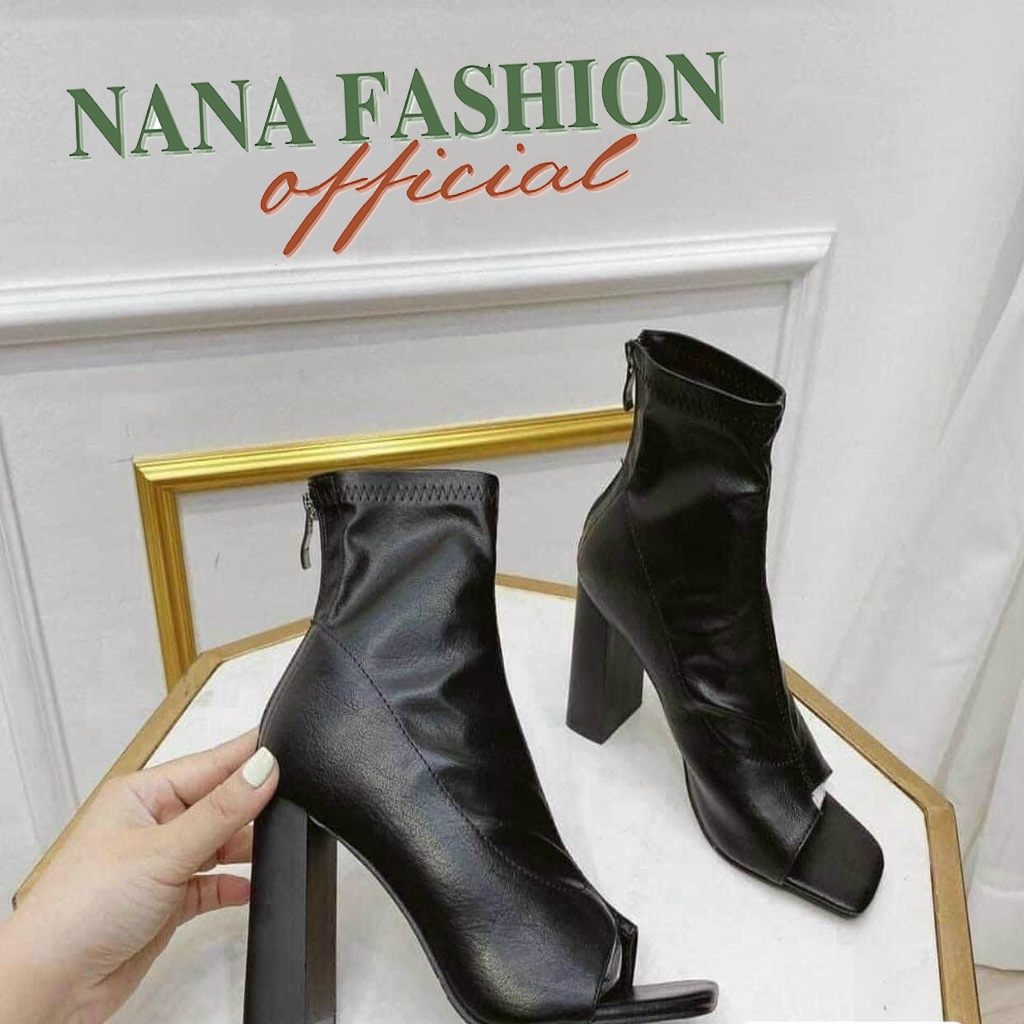 Giày bốt nữ cổ cao hở mũi chất da mềm, Boot nữ xỏ ngón đế vuông gót cao 8 phân có khóa kéo sau hàng quảng châu.