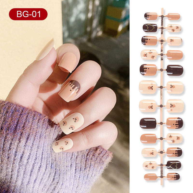 [Hàng mới về] Bộ 24 móng tay giả bằng acrylic trang trí nghệ thuật dễ thương nhiều họa tiết tùy chọn kèm keo dán