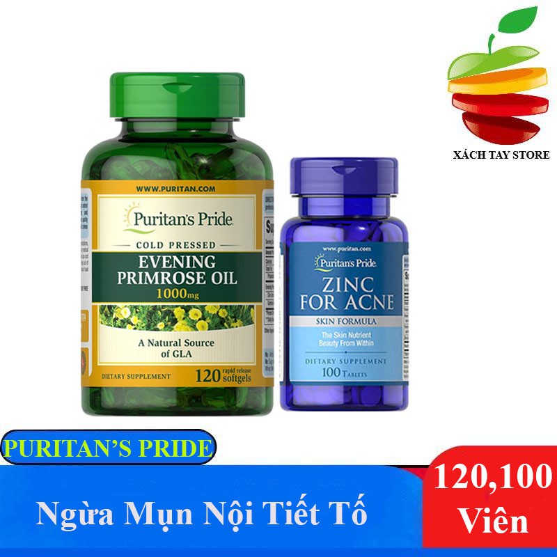 Combo Ngừa Mụn Nội Tiết ZINC FOR ACNE 100 Viên & EVENING PRIMROSE OIL 1000mg - 120 viên Puritan's Pride