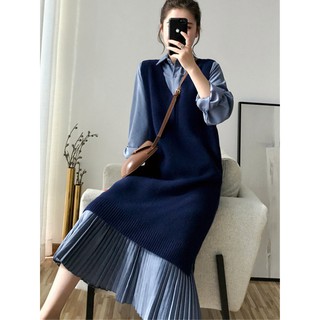 Set đầm/váy somi xếp ly và áo đầm len gile ulzzang phong cách hàn quốc sang chảnh