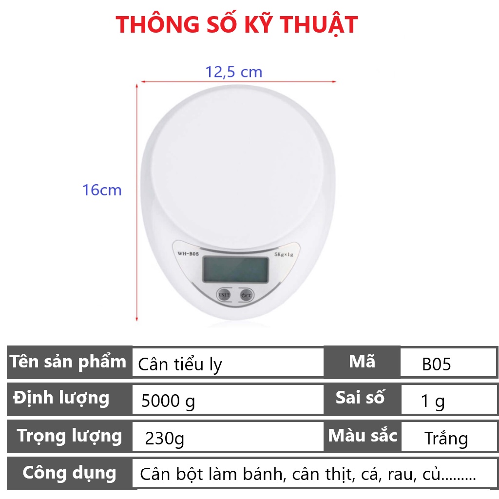 Cân tiểu ly điện tử nhà bếp mini làm bánh 5kg, Cân tiểu li cao cấp độ chính xác cao tặng kèm pin