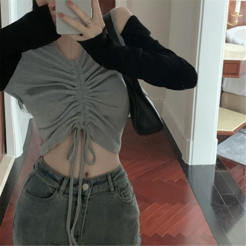 Áo Thun Ôm Dáng Phối Dây Rút Hở Vai Quyến Rũ Thời Trang Cho Nữ